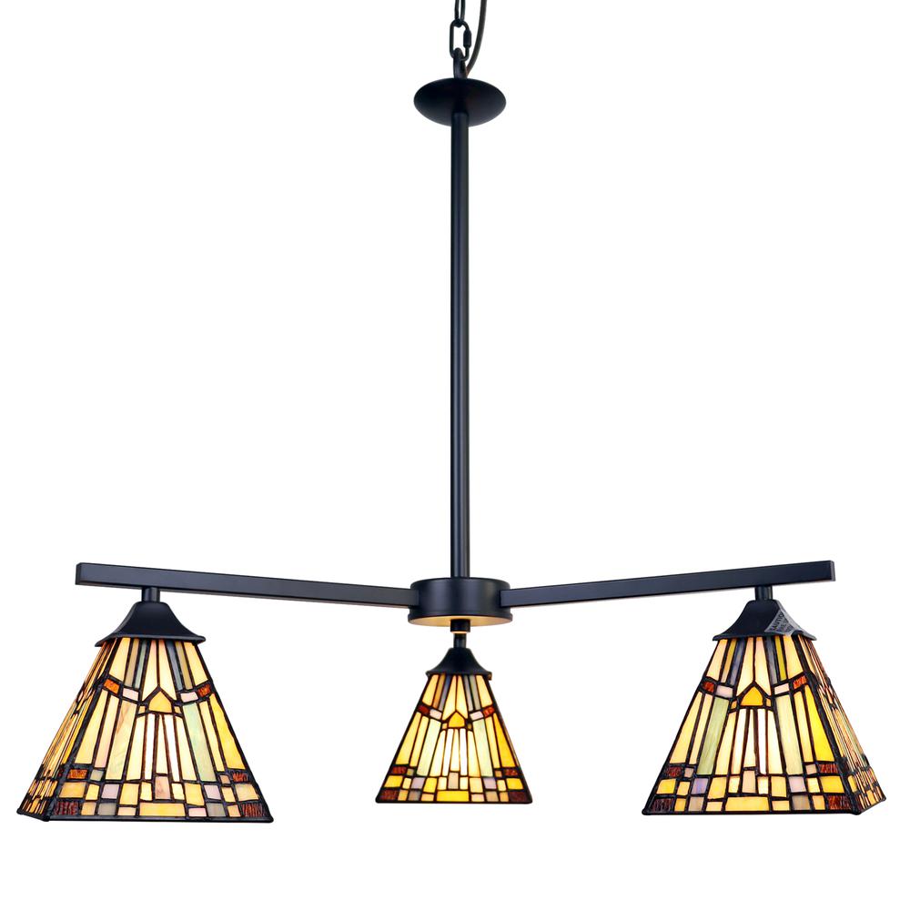 CHLOE Lighting KINSEY Mission Tiffany-style Blackish Bronze 3 Light Mini Chandelier 27" Wide. Picture 1