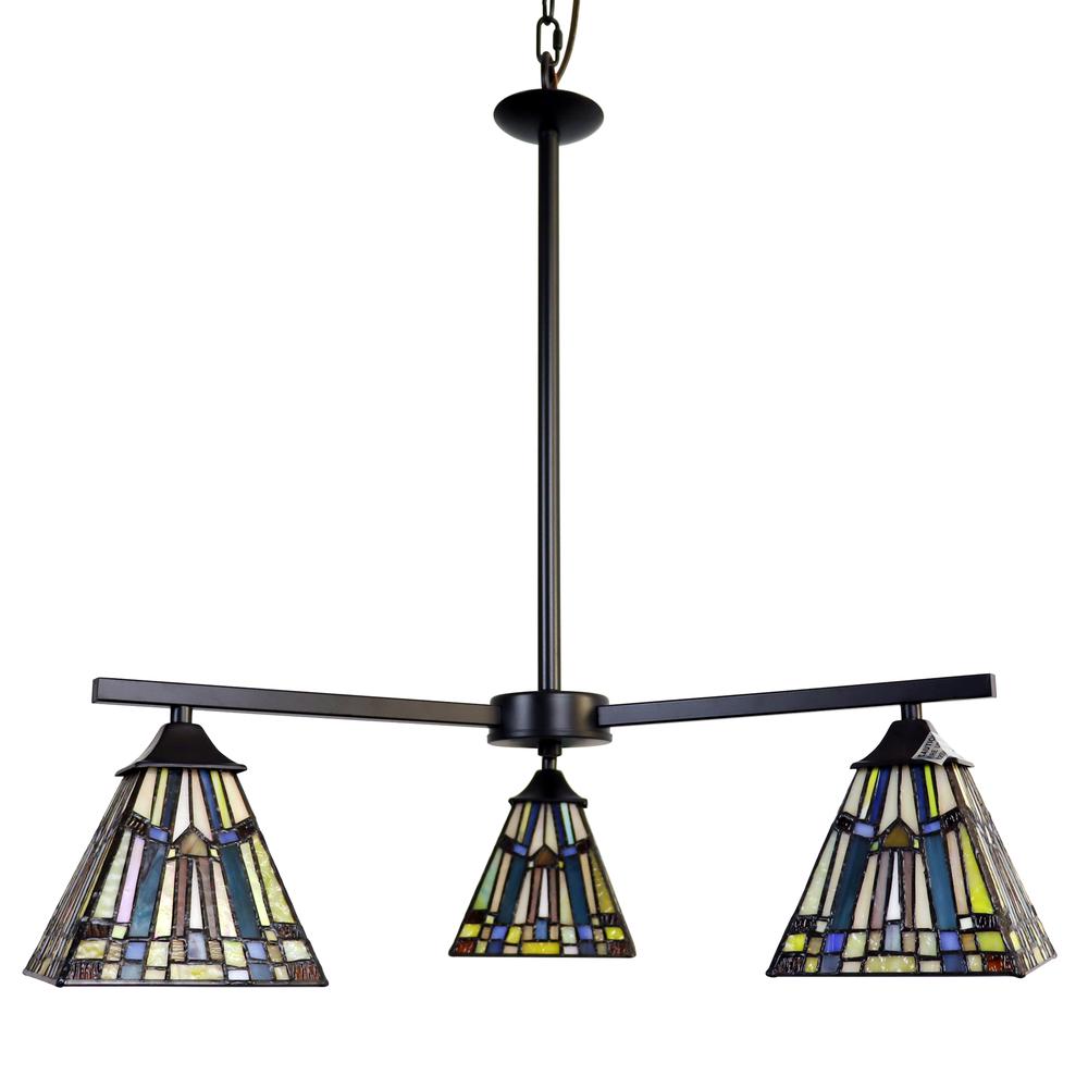 CHLOE Lighting KINSEY Mission Tiffany-style Blackish Bronze 3 Light Mini Chandelier 27" Wide. Picture 2