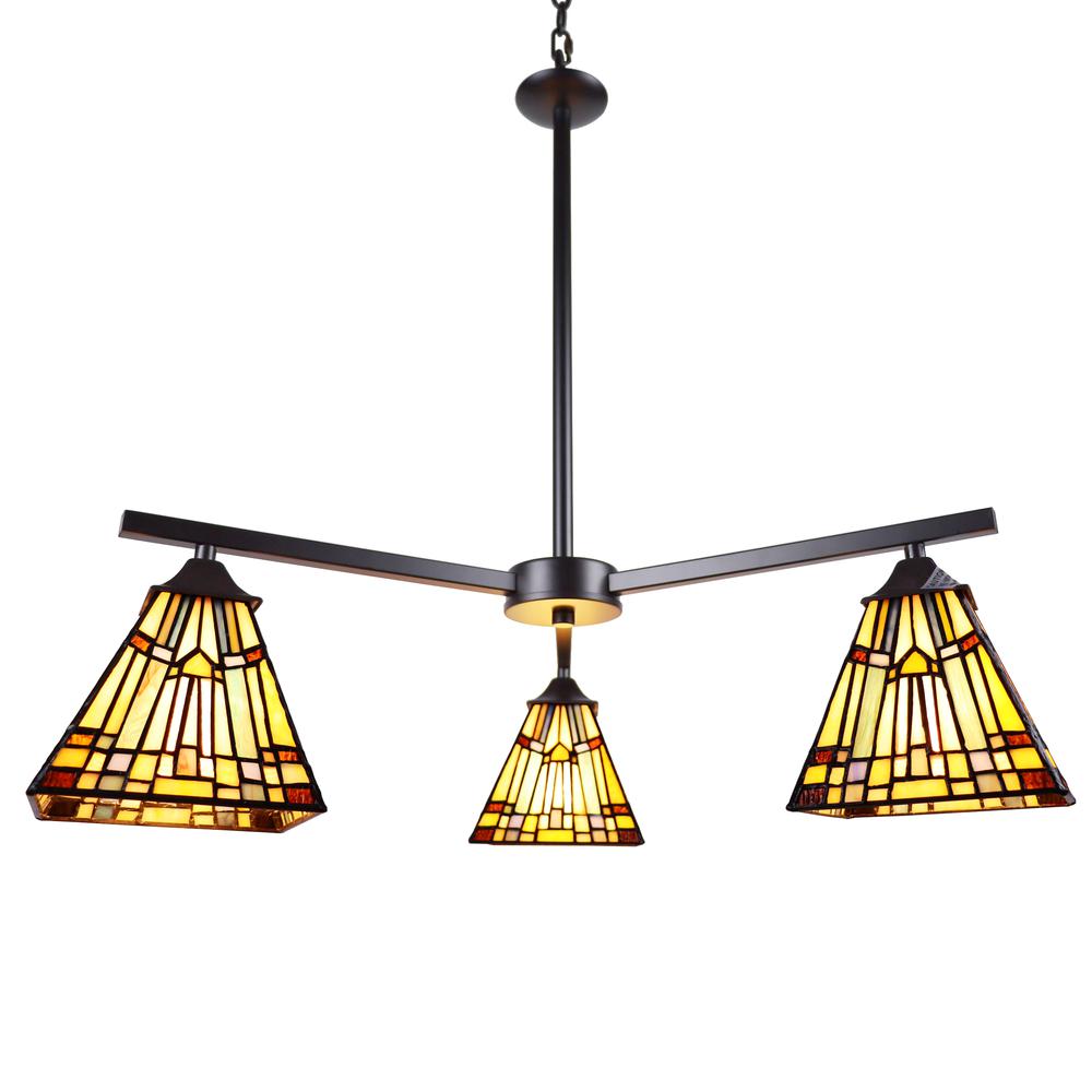CHLOE Lighting KINSEY Mission Tiffany-style Blackish Bronze 3 Light Mini Chandelier 27" Wide. Picture 3