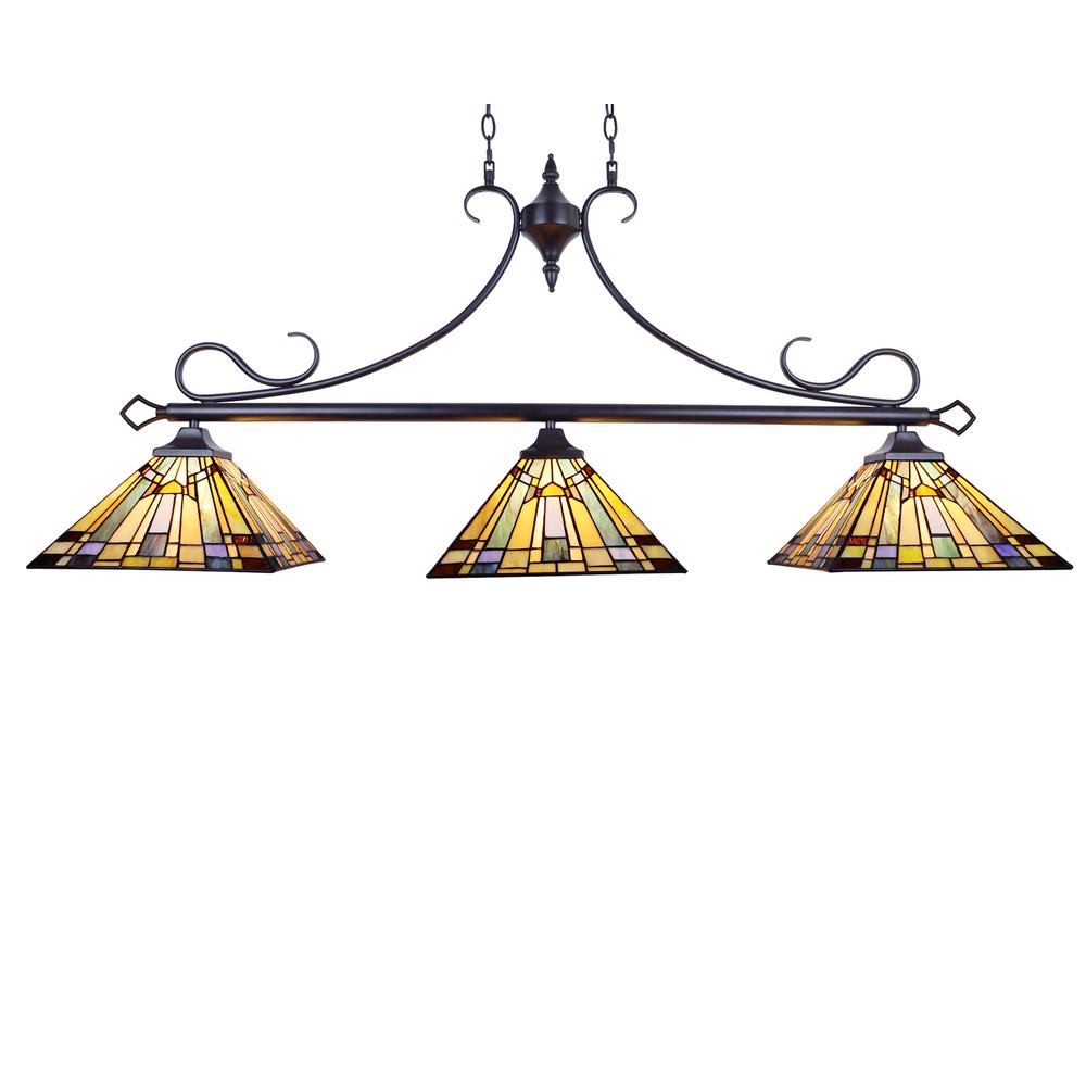 CHLOE Lighting KINSEY Mission Tiffany-style Blackish Bronze 3 Light Island Pendant 47" Wide. Picture 1