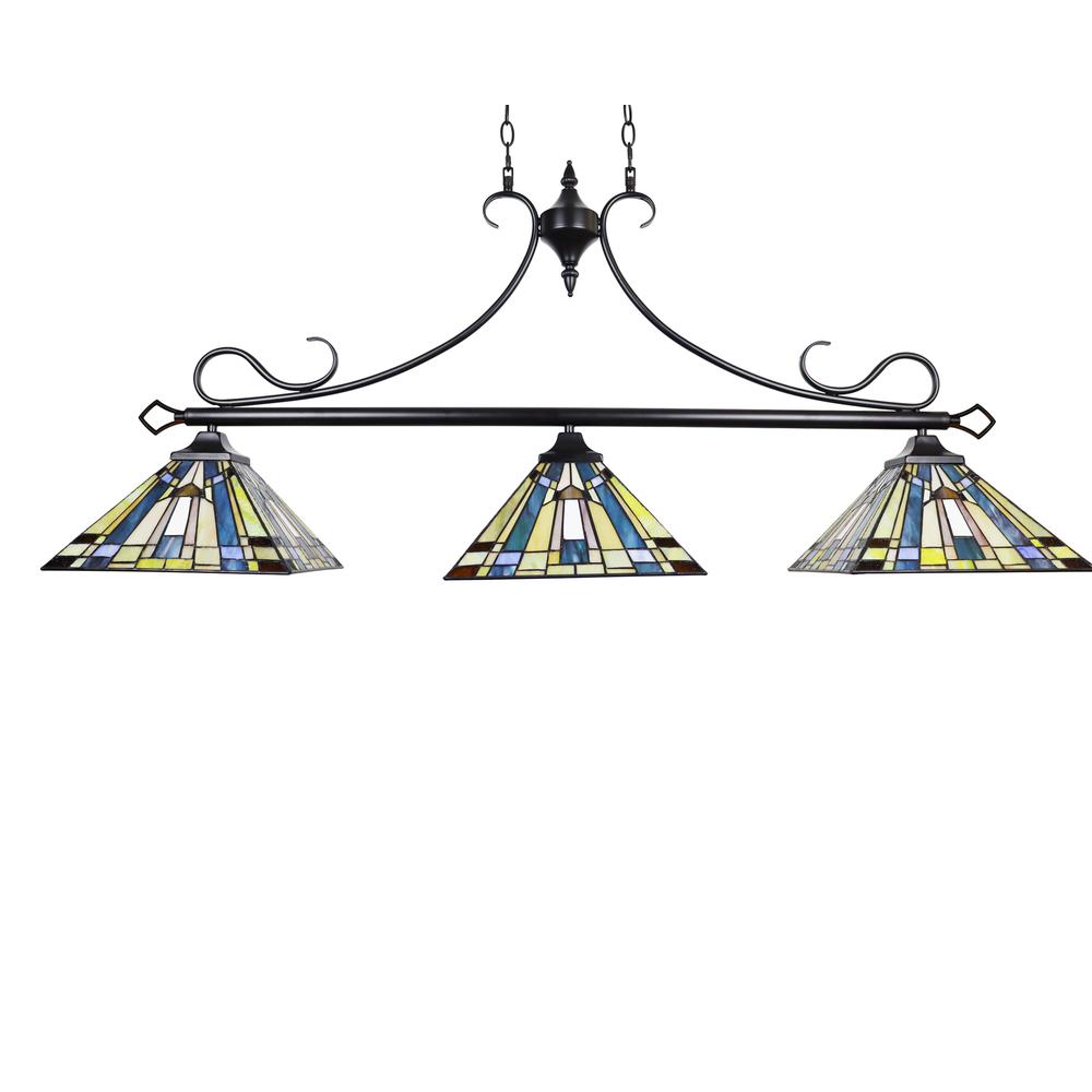 CHLOE Lighting KINSEY Mission Tiffany-style Blackish Bronze 3 Light Island Pendant 47" Wide. Picture 2
