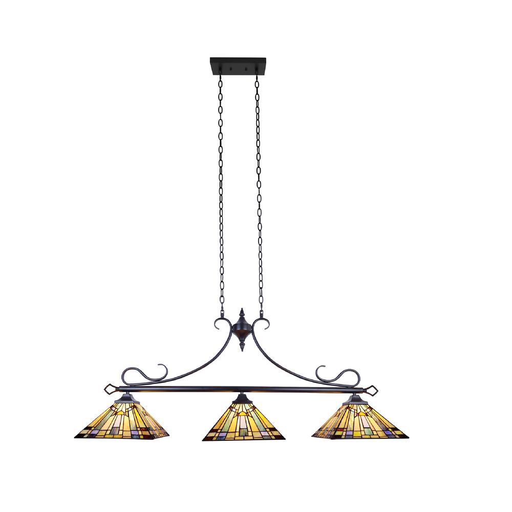 CHLOE Lighting KINSEY Mission Tiffany-style Blackish Bronze 3 Light Island Pendant 47" Wide. Picture 3
