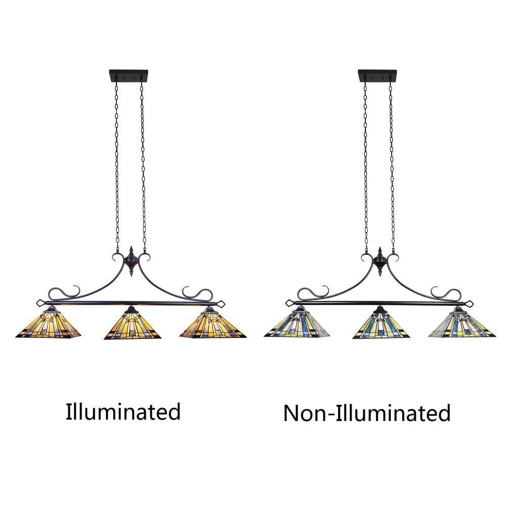 CHLOE Lighting KINSEY Mission Tiffany-style Blackish Bronze 3 Light Island Pendant 47" Wide. Picture 5