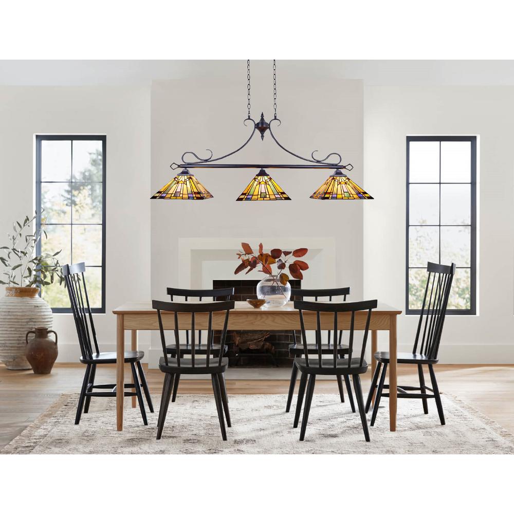 CHLOE Lighting KINSEY Mission Tiffany-style Blackish Bronze 3 Light Island Pendant 47" Wide. Picture 6