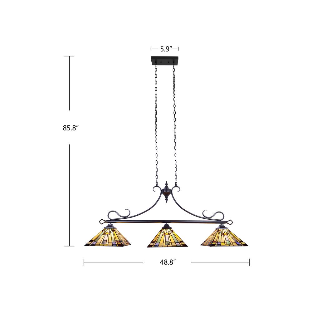 CHLOE Lighting KINSEY Mission Tiffany-style Blackish Bronze 3 Light Island Pendant 47" Wide. Picture 7