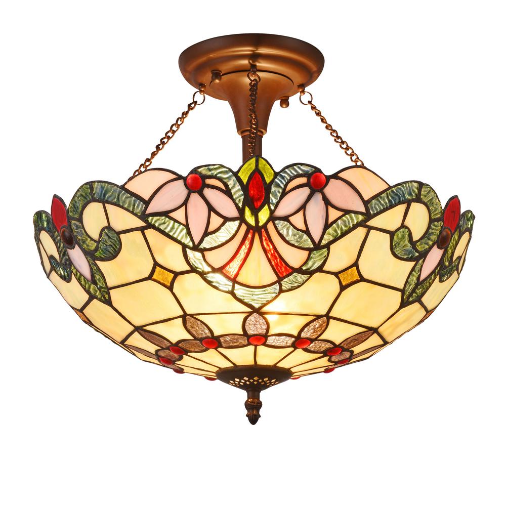 COOPER Tiffany-style 2 Light Victorian Semi-flush Ceiling Fixture 16" Shade. Picture 1
