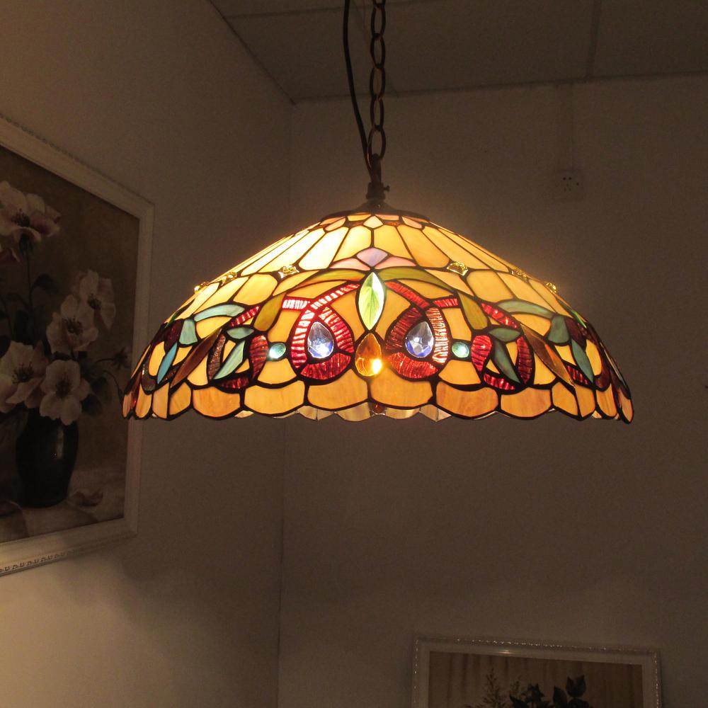 CHLOE Lighting SERENITY Victorian Tiffany-style Dark Bronze 2 Light Pendant 16" Wide. Picture 6