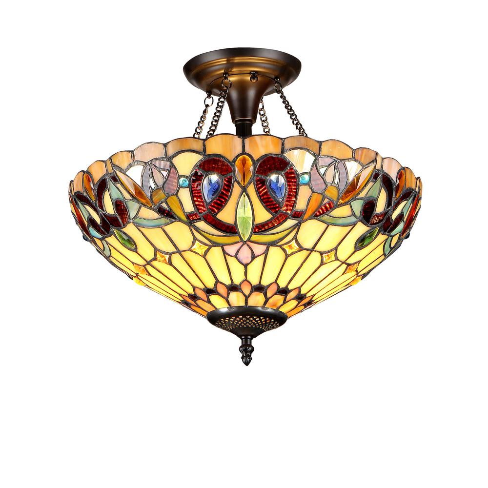 SERENITY Tiffany-style 2 Light Victorian Semi-flush Ceiling Fixture 16" Shade. Picture 1