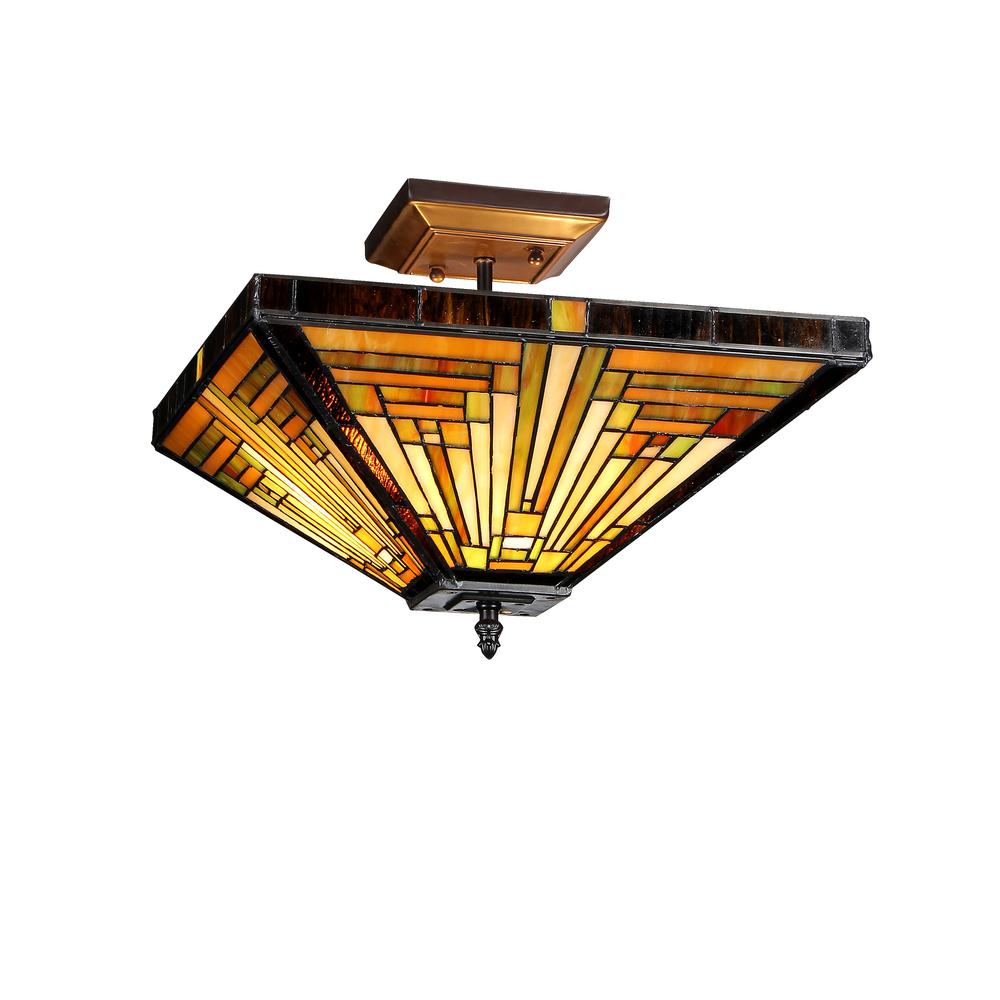 INNES Tiffany-style 2 Light Mission Semi-flush Ceiling Fixture 14" Shade. Picture 1