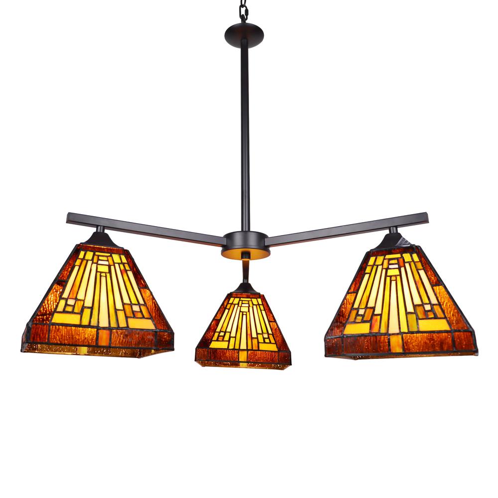 CHLOE Lighting INNES Mission Tiffany-Style Blackish Bronze 3 Light Mini Chandelier 27" Wide. Picture 1