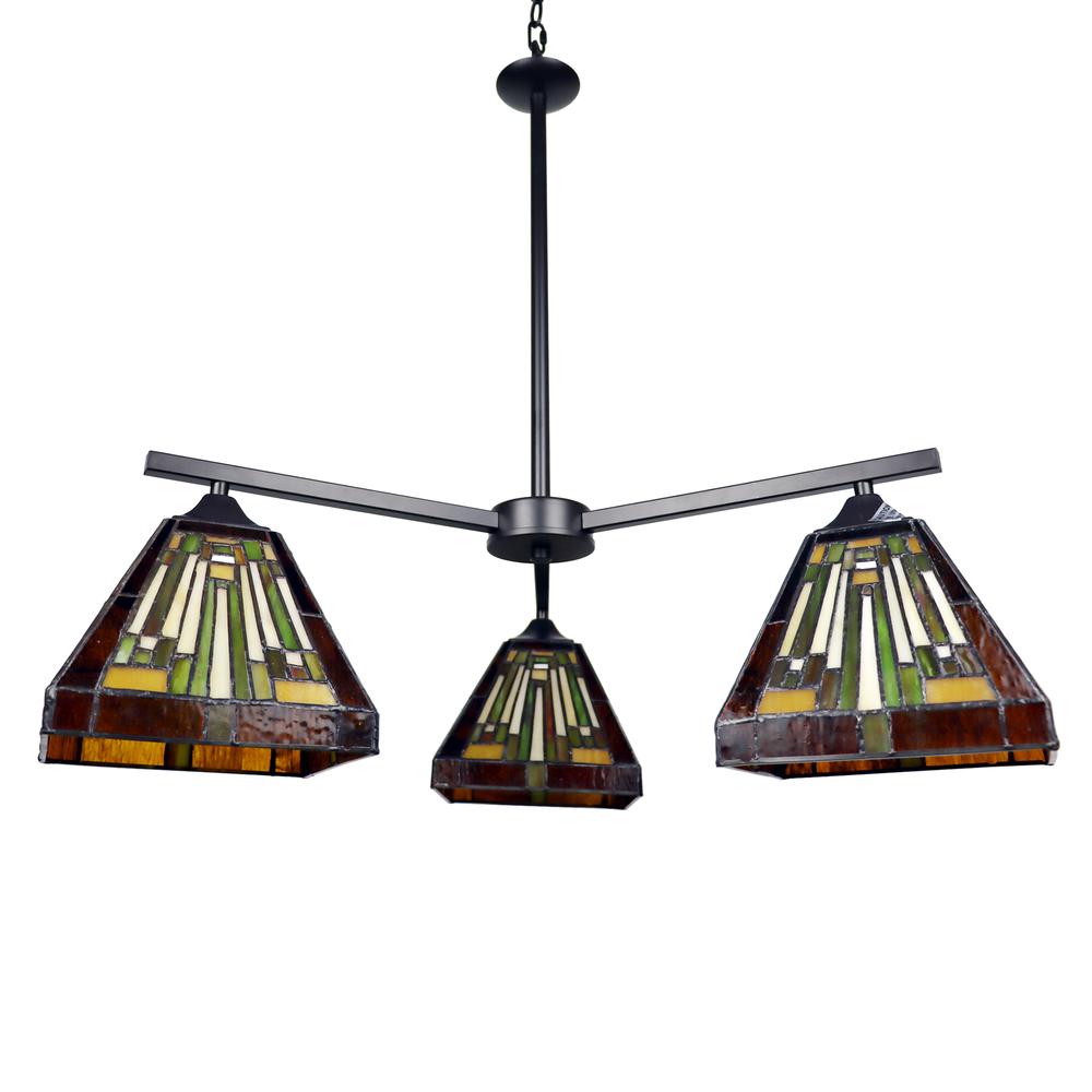CHLOE Lighting INNES Mission Tiffany-Style Blackish Bronze 3 Light Mini Chandelier 27" Wide. Picture 2