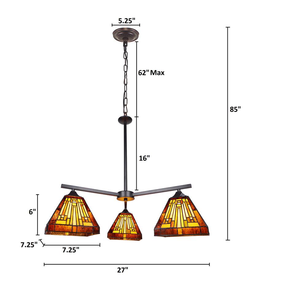 CHLOE Lighting INNES Mission Tiffany-Style Blackish Bronze 3 Light Mini Chandelier 27" Wide. Picture 7