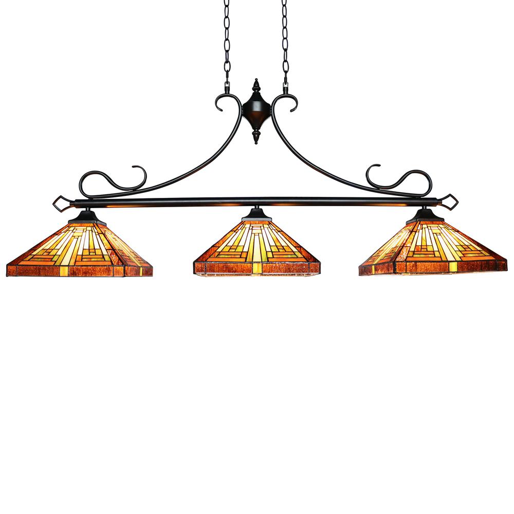 CHLOE Lighting INNES Mission Tiffany-Style Blackish Bronze 3 Light Island Pendant 47 " Wide. Picture 1