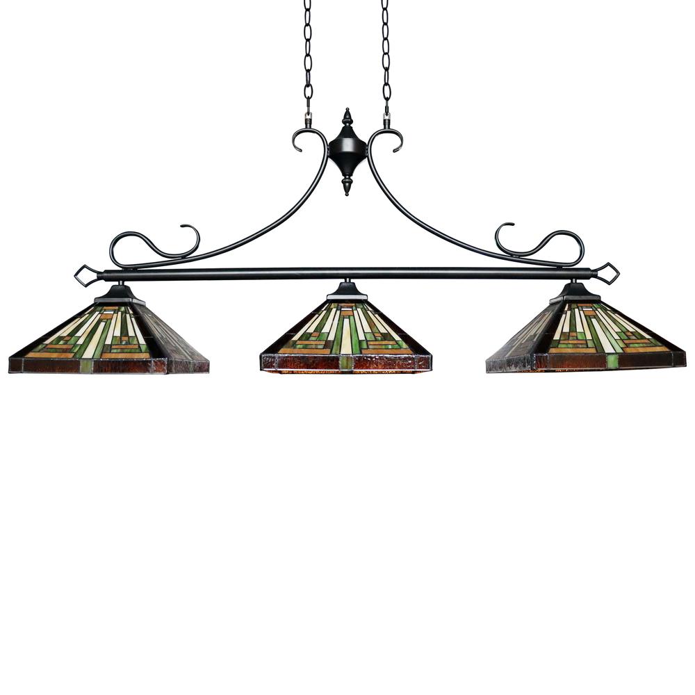 CHLOE Lighting INNES Mission Tiffany-Style Blackish Bronze 3 Light Island Pendant 47 " Wide. Picture 2
