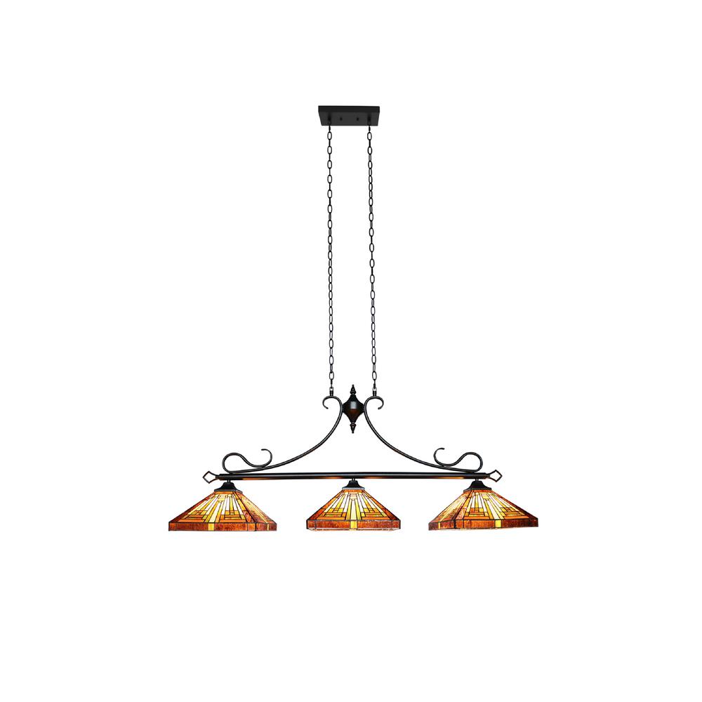 CHLOE Lighting INNES Mission Tiffany-Style Blackish Bronze 3 Light Island Pendant 47 " Wide. Picture 4