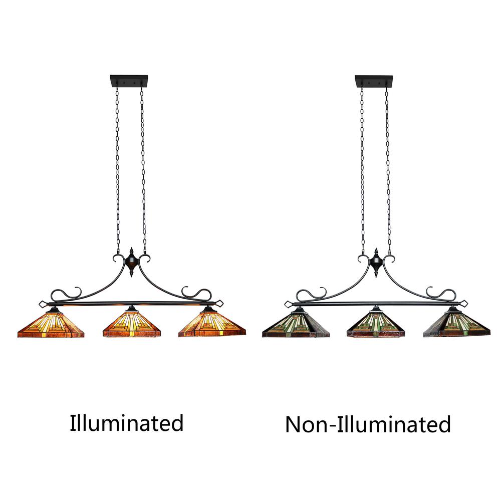 CHLOE Lighting INNES Mission Tiffany-Style Blackish Bronze 3 Light Island Pendant 47 " Wide. Picture 5
