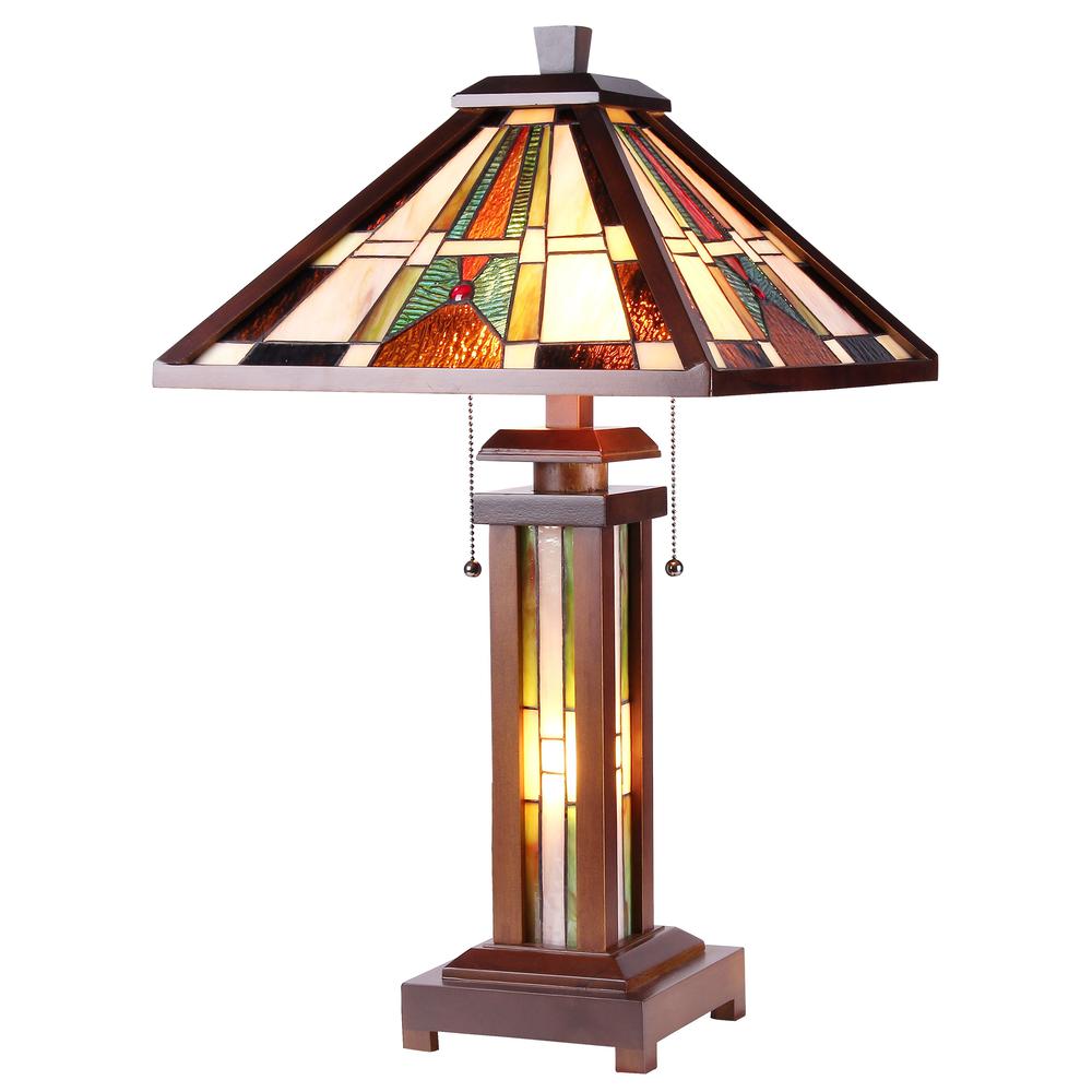 PERCIVAL Tiffany-style Mission 3 Light Double Lit Wooden Table Lamp 15" Shade. Picture 1