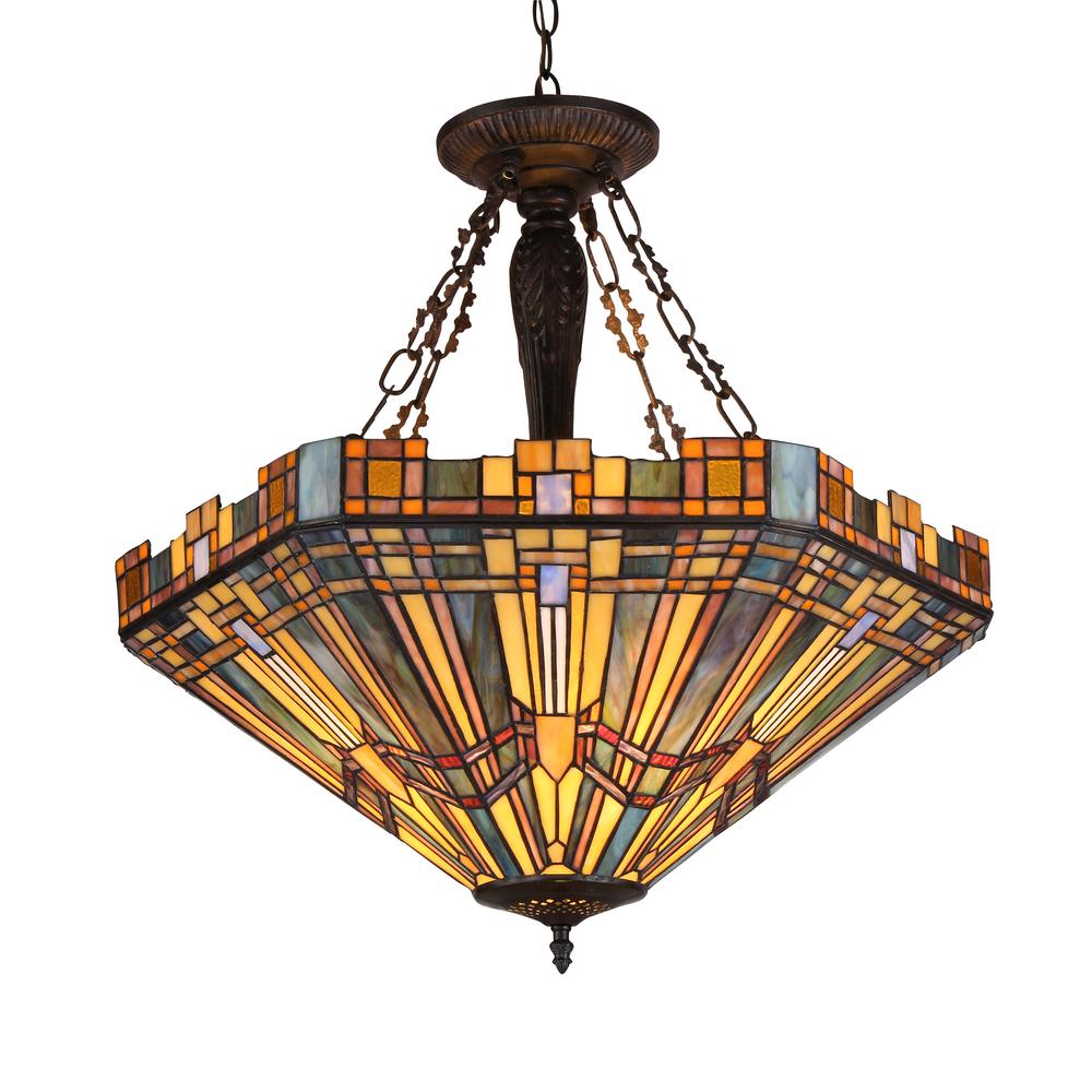 SAXON Tiffany-style 3 Light Mission Inverted Ceiling Pendant Fixture 24" Shade. Picture 1