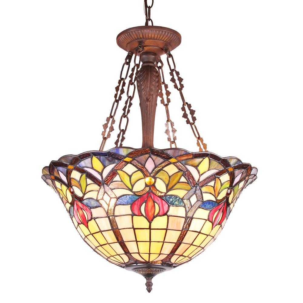 LORETTA Tiffany-style Victorian 3 Light Inverted Ceiling Pendant 20" Shade. Picture 1