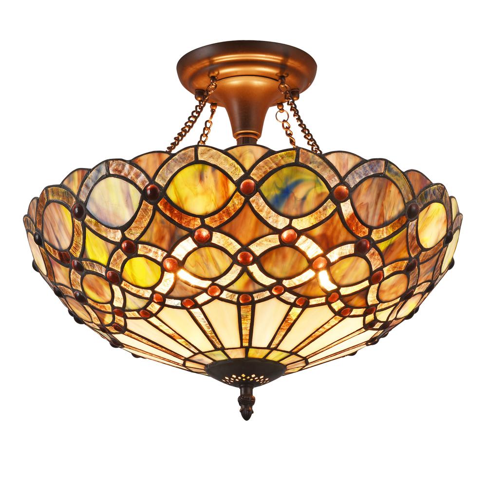 PRISMA Tiffany-style 2 Light Semi-flush Ceiling Fixture 16" Shade. Picture 1