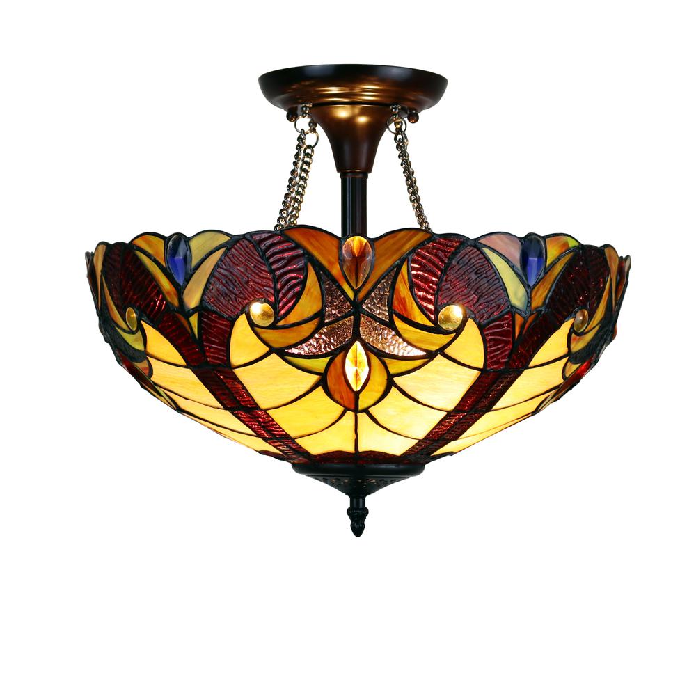 CHLOE Lighting ADIA Victorian Tiffany-Style Dark Bronze 2 Light Semi-Flush Fixture 16" Wide. Picture 1