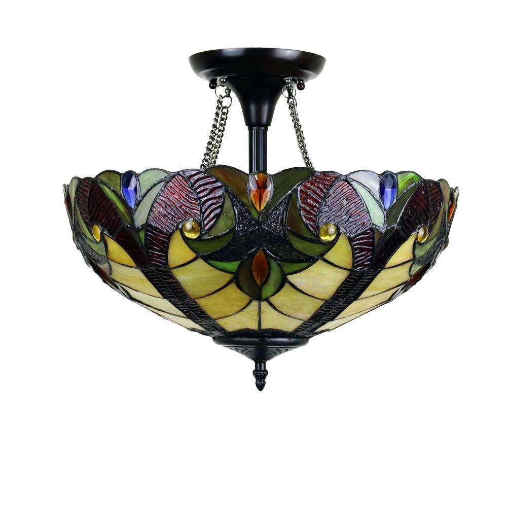 CHLOE Lighting ADIA Victorian Tiffany-Style Dark Bronze 2 Light Semi-Flush Fixture 16" Wide. Picture 2