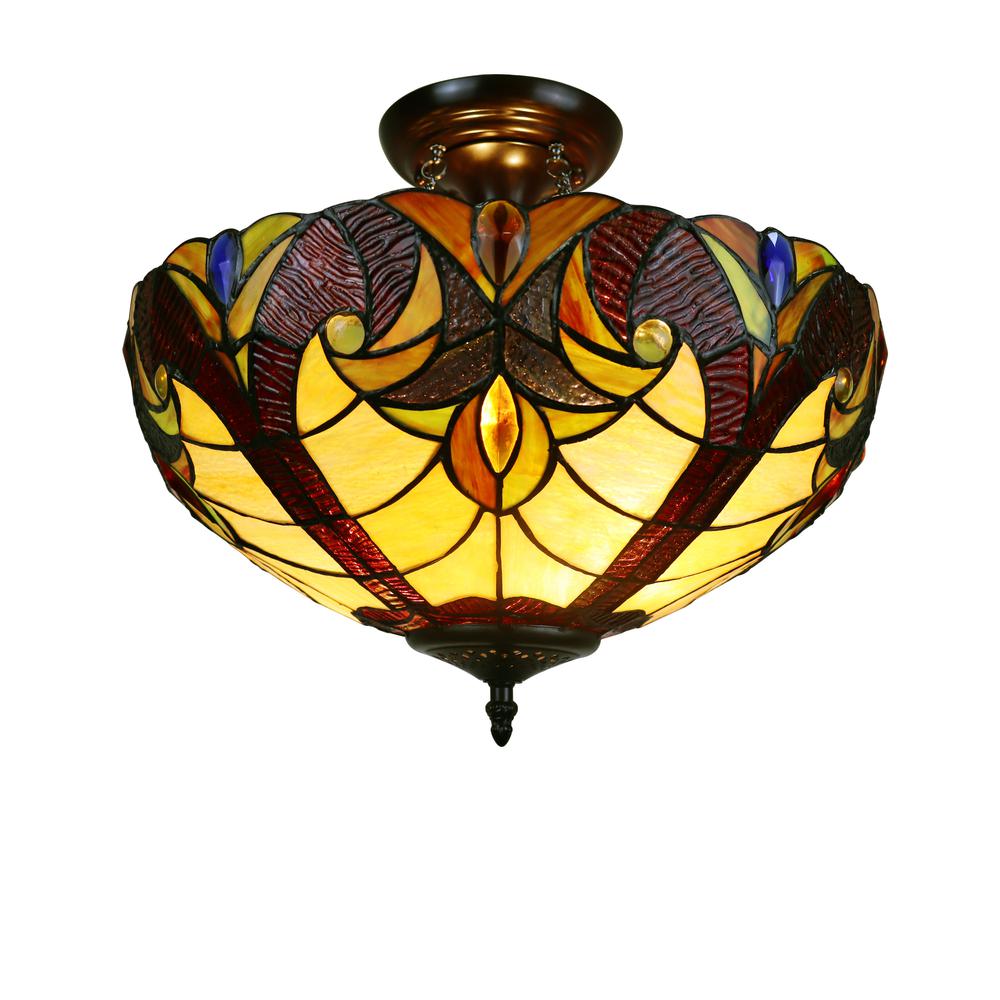 CHLOE Lighting ADIA Victorian Tiffany-Style Dark Bronze 2 Light Semi-Flush Fixture 16" Wide. Picture 3