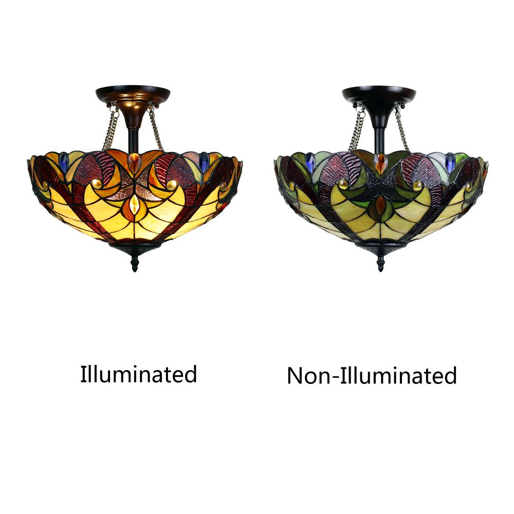 CHLOE Lighting ADIA Victorian Tiffany-Style Dark Bronze 2 Light Semi-Flush Fixture 16" Wide. Picture 6