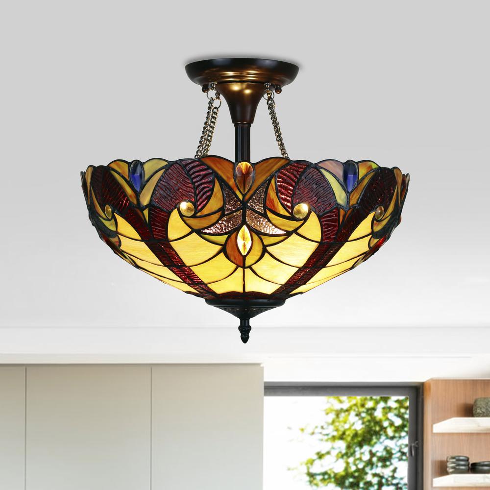 CHLOE Lighting ADIA Victorian Tiffany-Style Dark Bronze 2 Light Semi-Flush Fixture 16" Wide. Picture 8