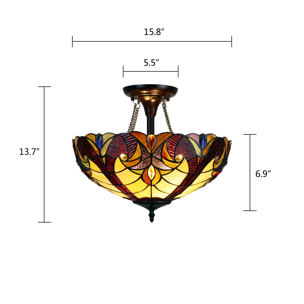 CHLOE Lighting ADIA Victorian Tiffany-Style Dark Bronze 2 Light Semi-Flush Fixture 16" Wide. Picture 7
