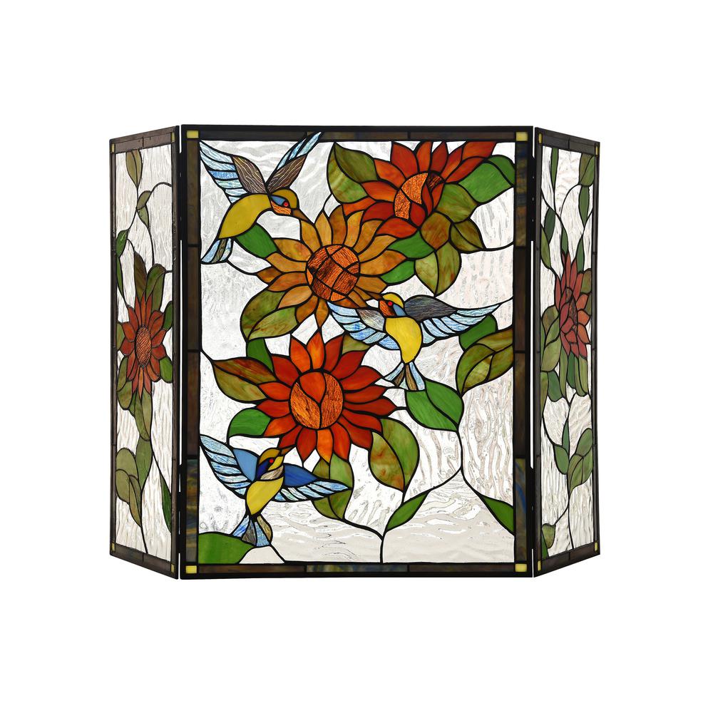 CHLOE Lighting SUNFLOWER Tiffany-style 3pcs Folding Floral Fireplace Screen 44" Wide. Picture 1