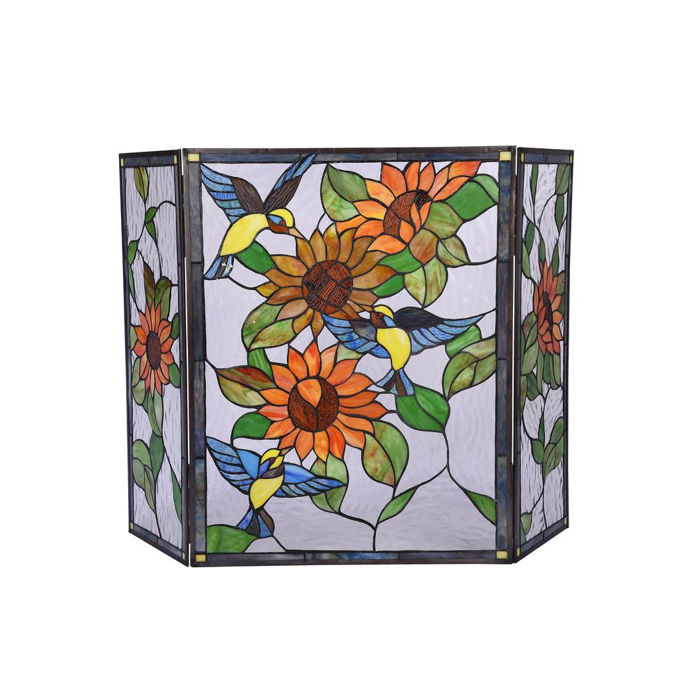 CHLOE Lighting SUNFLOWER Tiffany-style 3pcs Folding Floral Fireplace Screen 44" Wide. Picture 2