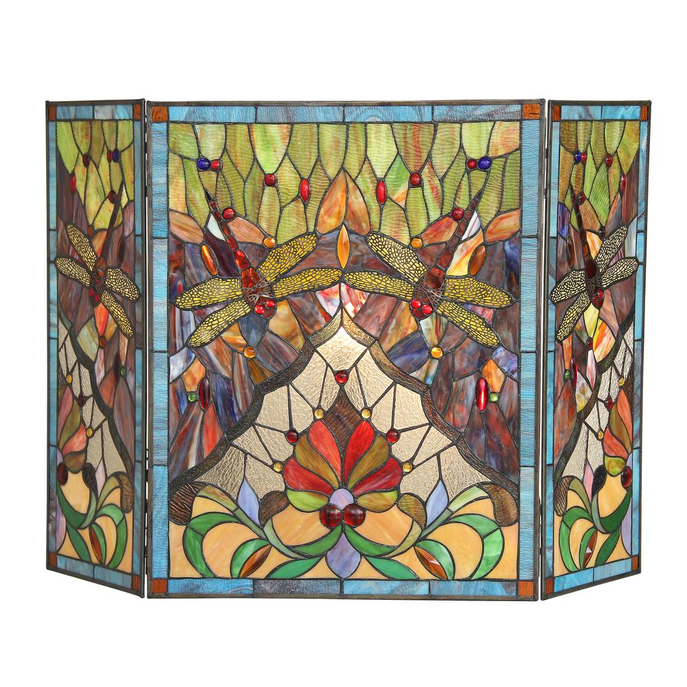 ANISOPTERA PURITY Tiffany-glass 3pcs Folding Dragonfly Fireplace Screen 44" Wide. Picture 1