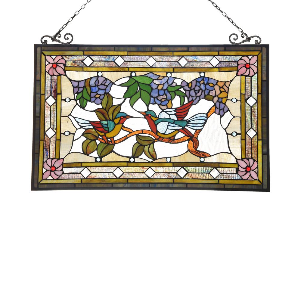 CHLOE Lighting GREETING BIRDS Tiffany-style Animal Design Window Panel 32" x 21". Picture 1