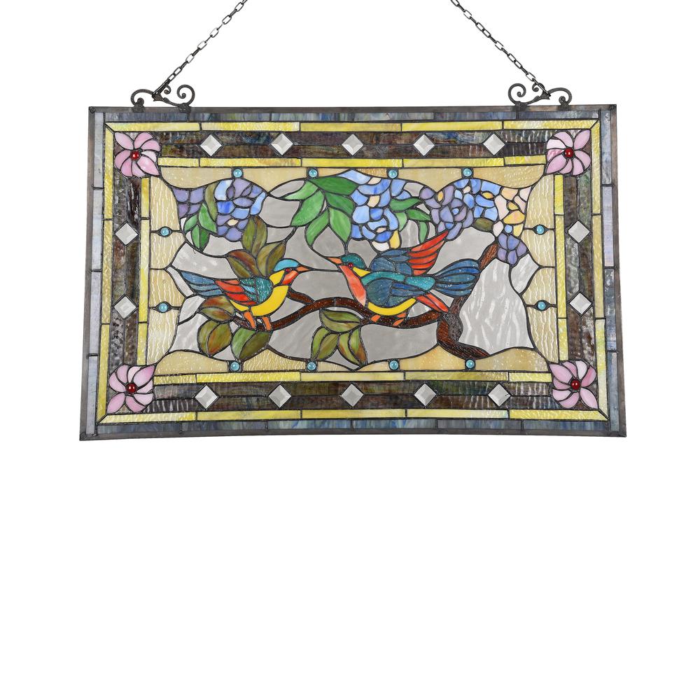 CHLOE Lighting GREETING BIRDS Tiffany-style Animal Design Window Panel 32" x 21". Picture 2