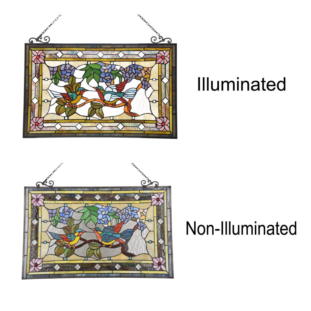 CHLOE Lighting GREETING BIRDS Tiffany-style Animal Design Window Panel 32" x 21". Picture 3