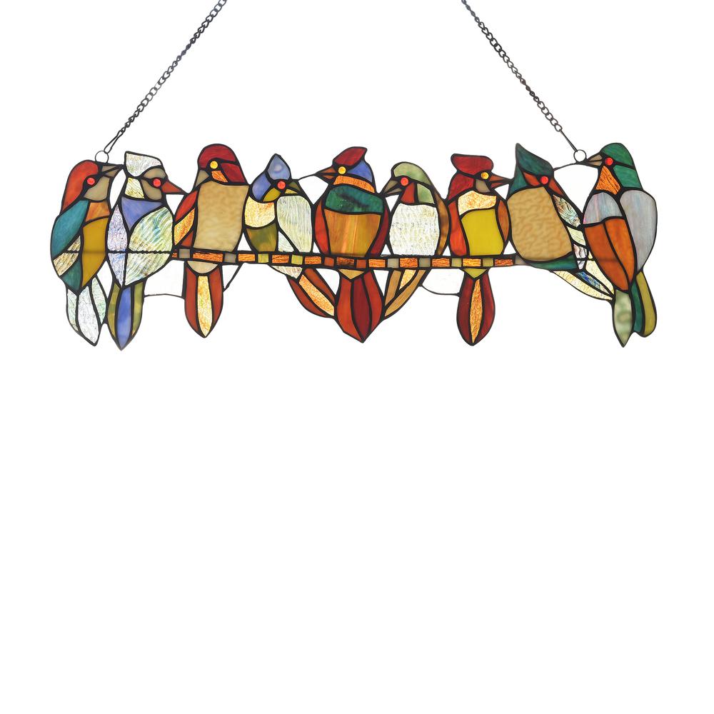 CHLOE Lighting BIRDS ON A VINE Tiffany-style Animal Design Window Panel 26" x 9". Picture 1