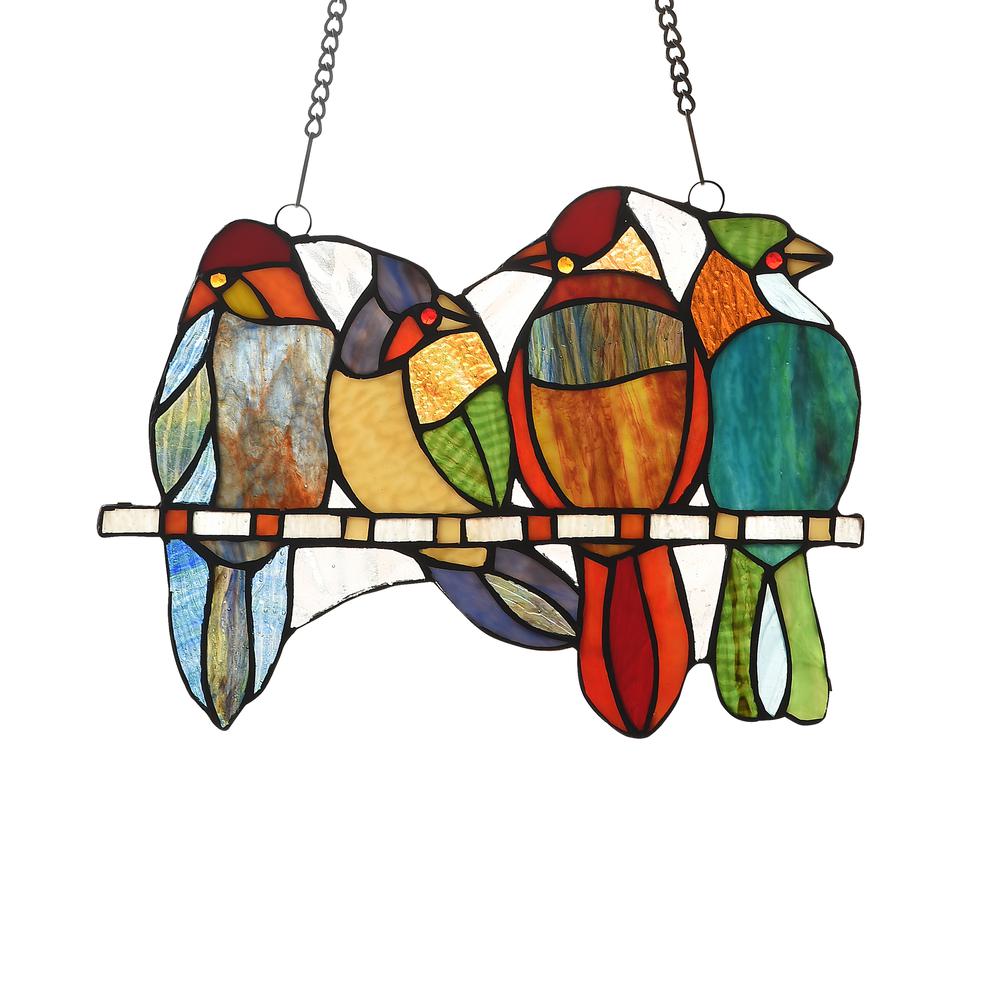 CHLOE Lighting CARDINAL FAMILY Tiffany-style Animal Design Window Panel 13" x 9". Picture 1