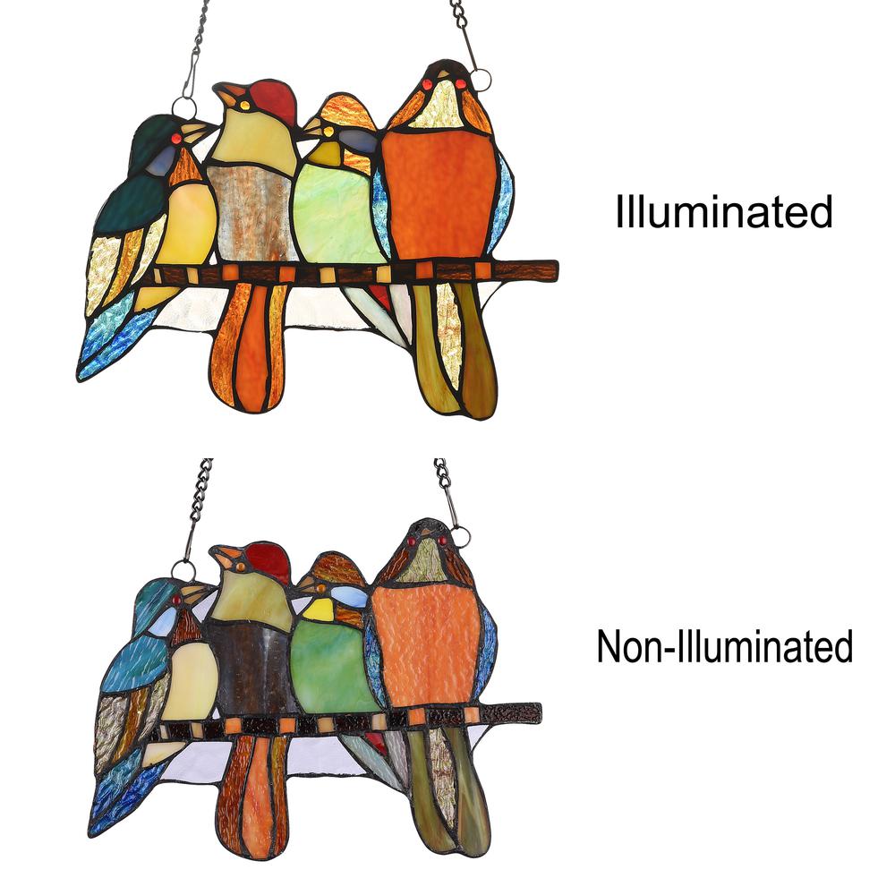 CHLOE Lighting PERCHED BIRDS Tiffany-style Animal Design Window Panel 12" x 9". Picture 3
