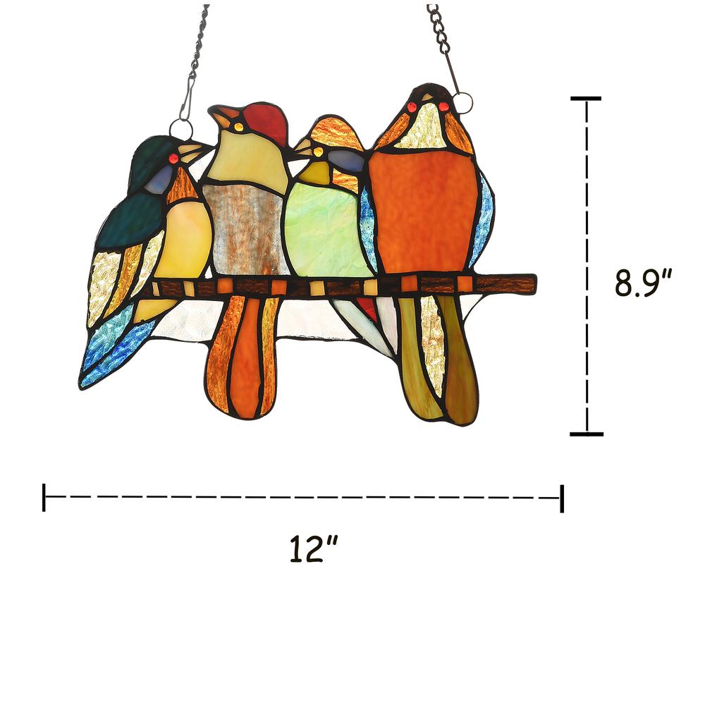 CHLOE Lighting PERCHED BIRDS Tiffany-style Animal Design Window Panel 12" x 9". Picture 4