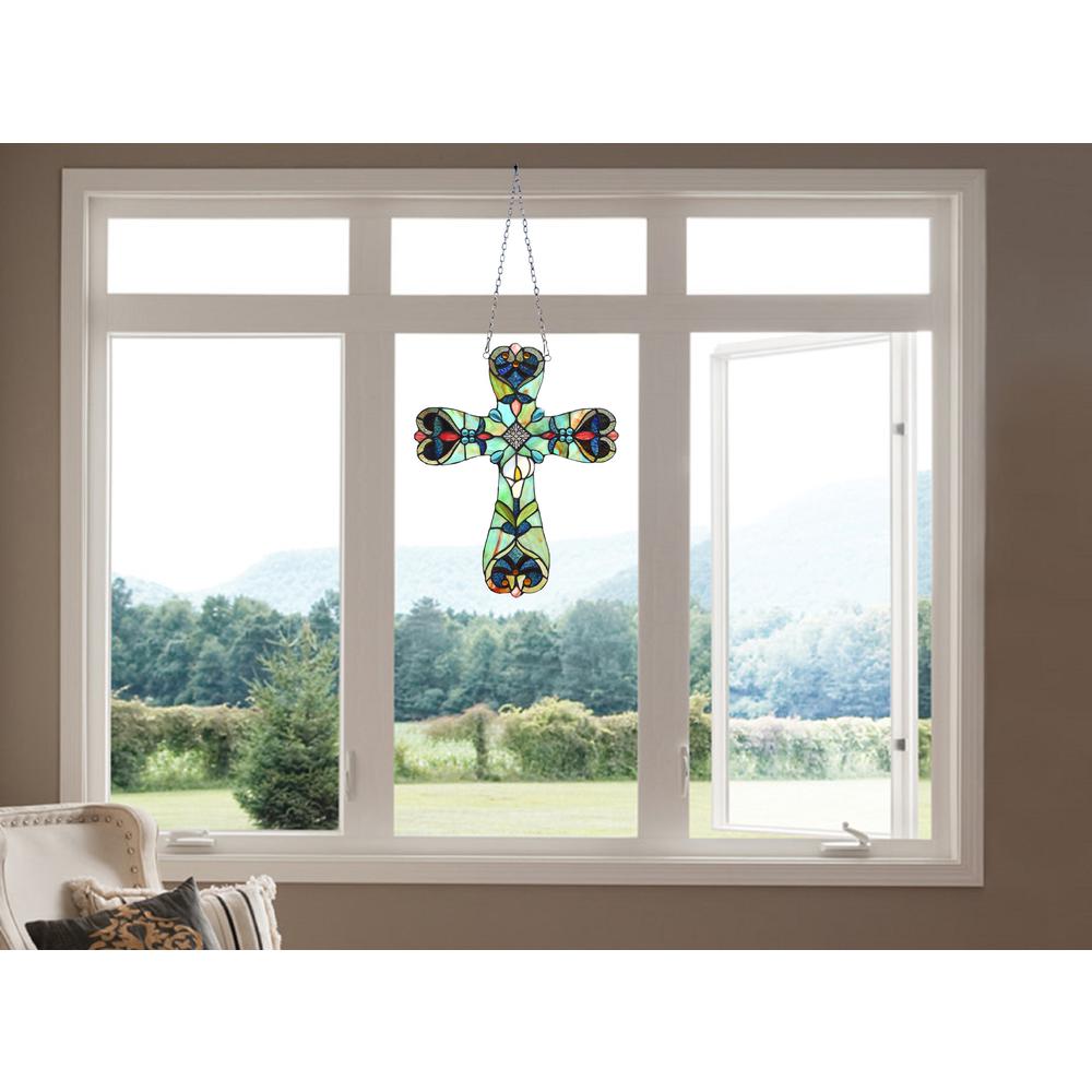 CHLOE Lighting ALENA Victorian Tiffany-style Stained Glass Window Panel 20" Tall. Picture 4