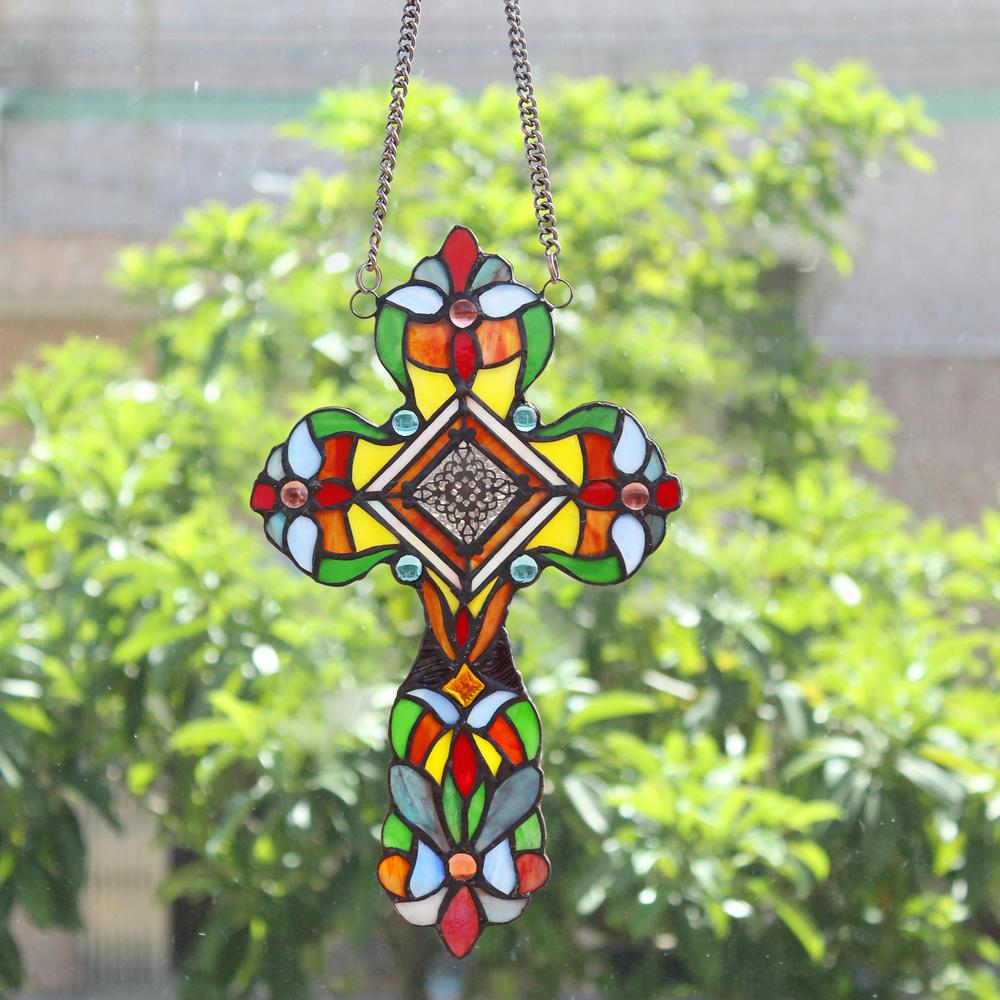 CHLOE Lighting ADELINA Victorian Tiffany-style Stained Glass Window Panel 13" Tall. Picture 5