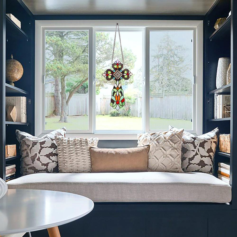 CHLOE Lighting ADELINA Victorian Tiffany-style Stained Glass Window Panel, 13" Tall. Picture 4