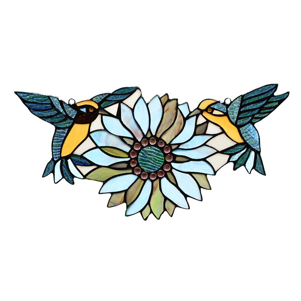 CHLOE Lighting SOAR Tiffany-style Blue Animal/Floral Design Window Panel 17" x 7.75". Picture 2