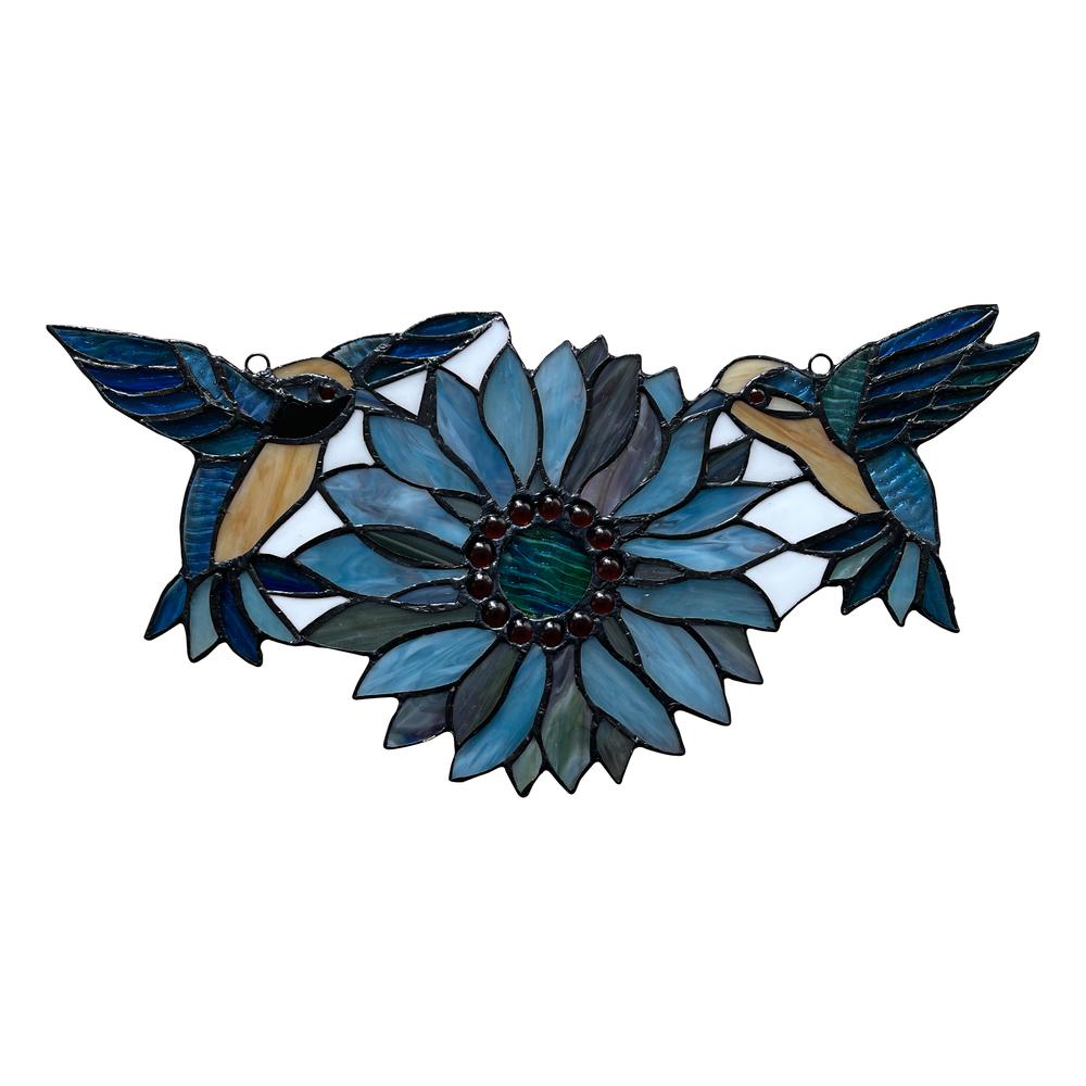 CHLOE Lighting SOAR Tiffany-style Blue Animal/Floral Design Window Panel 17" x 7.75". Picture 1