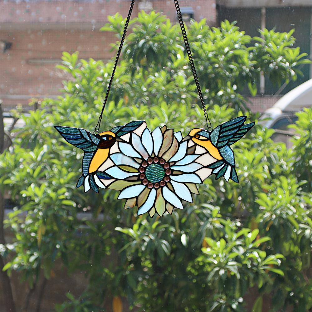 CHLOE Lighting SOAR Tiffany-style Blue Animal/Floral Design Window Panel 17" x 7.75". Picture 4