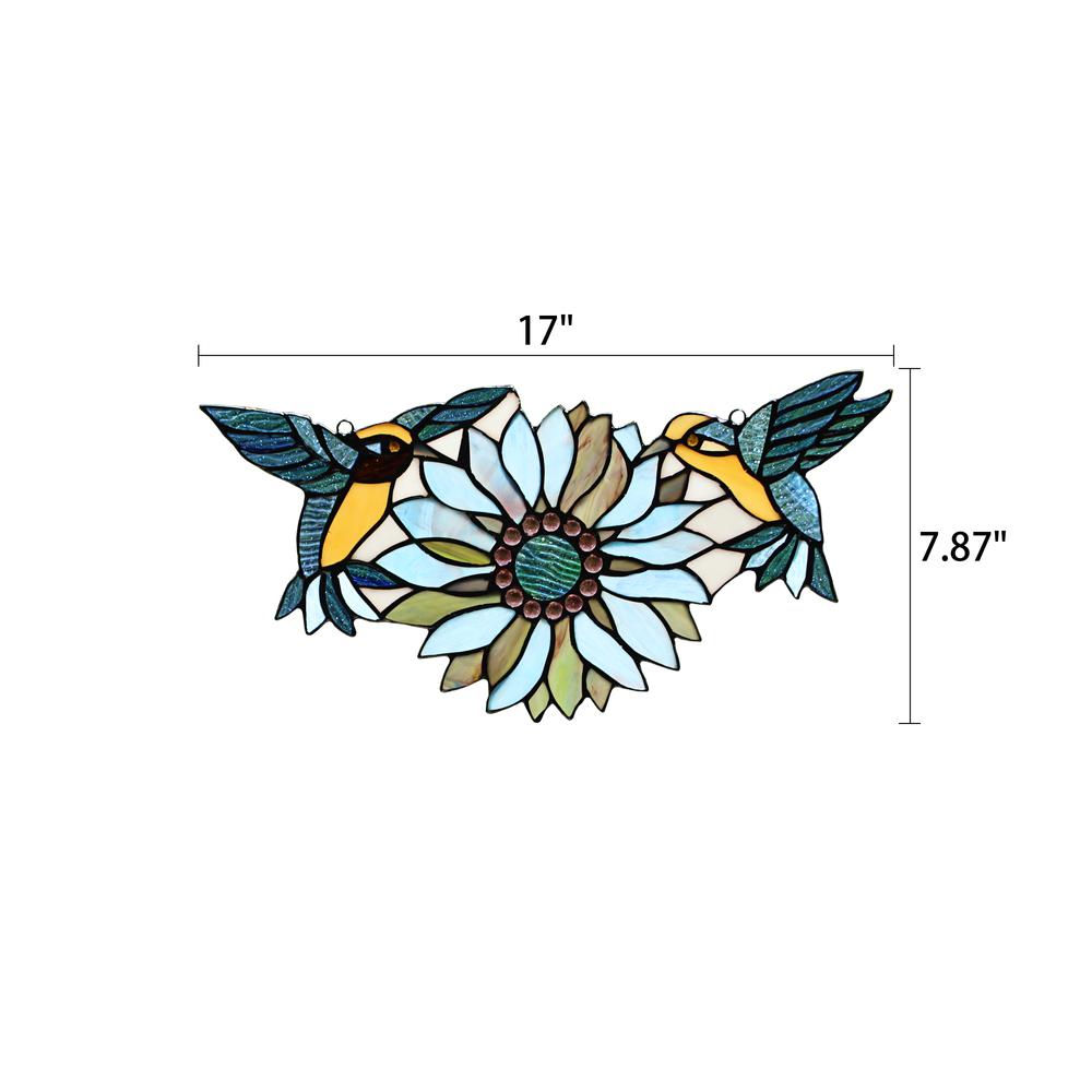 CHLOE Lighting SOAR Tiffany-style Blue Animal/Floral Design Window Panel 17" x 7.75". Picture 6