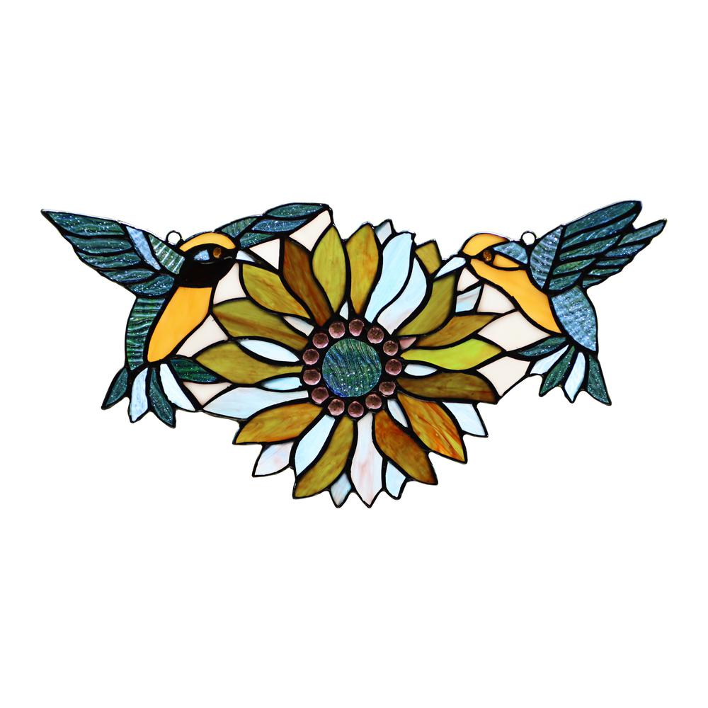 CHLOE Lighting SOAR Tiffany-style Green Animal/Floral Design Window Panel 17" x 7.75". Picture 1
