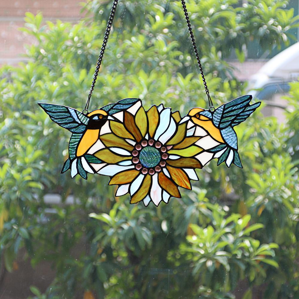 CHLOE Lighting SOAR Tiffany-style Green Animal/Floral Design Window Panel 17" x 7.75". Picture 5