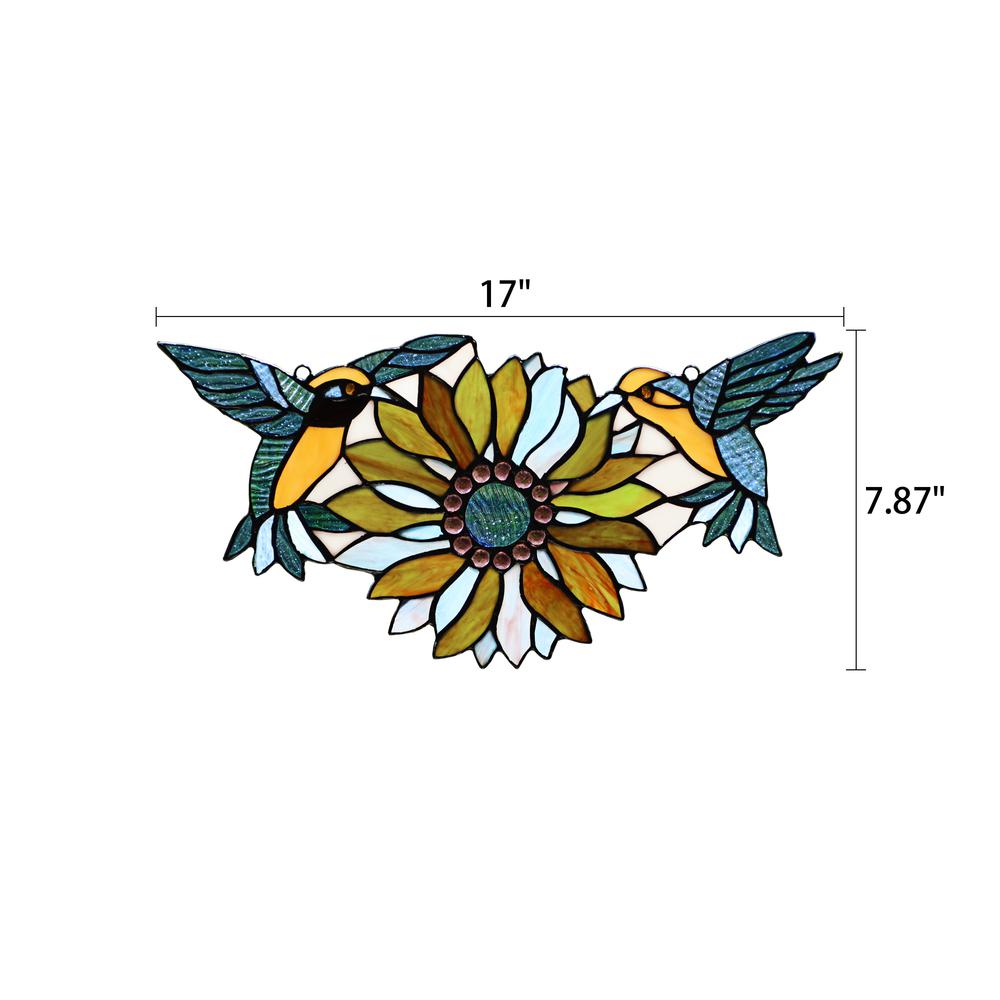 CHLOE Lighting SOAR Tiffany-style Green Animal/Floral Design Window Panel 17" x 7.75". Picture 4